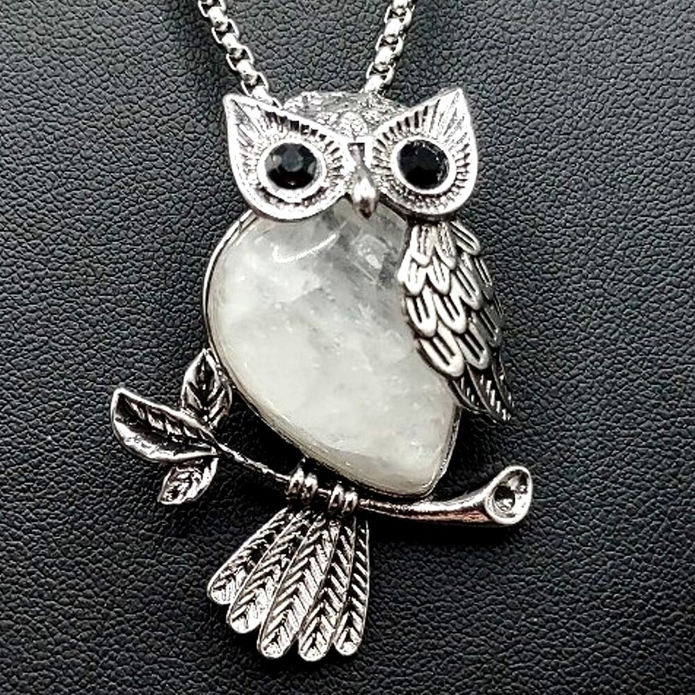 Silver & White Crystal Owl Necklace Women's Boho Fashion Vtg Gift Bird Jewelry